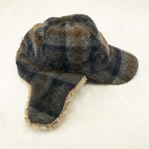 VTG Eddie Bauer Trapper Hat Mens Medium Gray Plaid Wool Blend Faux Fur Ear Flaps